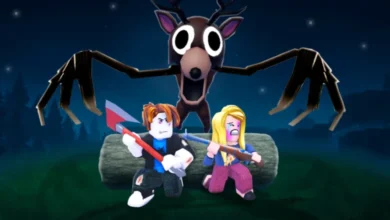Two Roblox avatars armed with an axe and rifle crouch behind a log as a giant, monstrous deer with spindly arms looms over them in a dark forest.