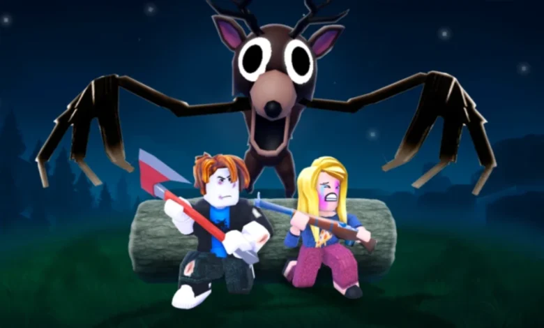 Two Roblox avatars armed with an axe and rifle crouch behind a log as a giant, monstrous deer with spindly arms looms over them in a dark forest.