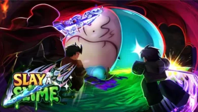 Roblox-style anime characters battle a giant slime boss with glowing swords in this promotional artwork for the game "Slay a Slime."