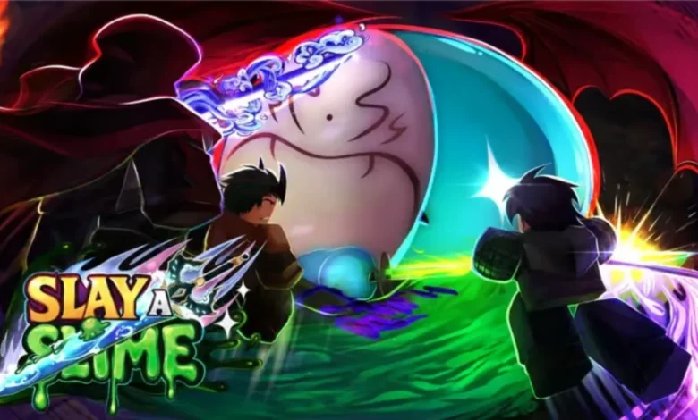 Roblox-style anime characters battle a giant slime boss with glowing swords in this promotional artwork for the game "Slay a Slime."