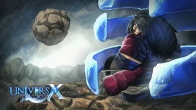 Promotional art for Universal Tower Defense X featuring the character Madara Uchiha protected by a blue spectral Susanoo as a large meteor looms in the background.