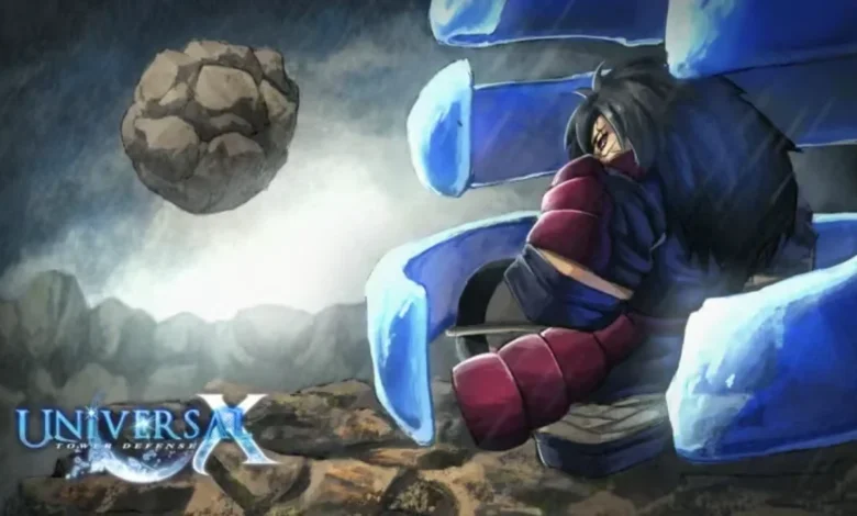 Promotional art for Universal Tower Defense X featuring the character Madara Uchiha protected by a blue spectral Susanoo as a large meteor looms in the background.