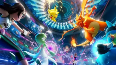 Pokémon including Charizard, Pikachu, and Lucario engage in a high-energy team battle within a packed stadium arena.