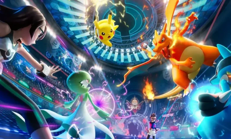 Pokémon including Charizard, Pikachu, and Lucario engage in a high-energy team battle within a packed stadium arena.