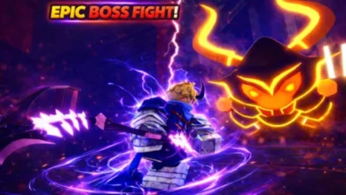 A Roblox character in blue armor battles a massive, glowing horned boss amidst purple energy and lightning.