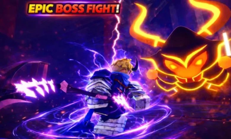 A Roblox character in blue armor battles a massive, glowing horned boss amidst purple energy and lightning.
