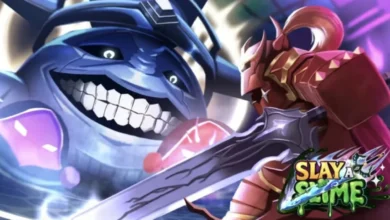 A red-armored knight brandishes a large sword against a giant, grinning blue monster in this promotional artwork for the game "Slay a Slime."