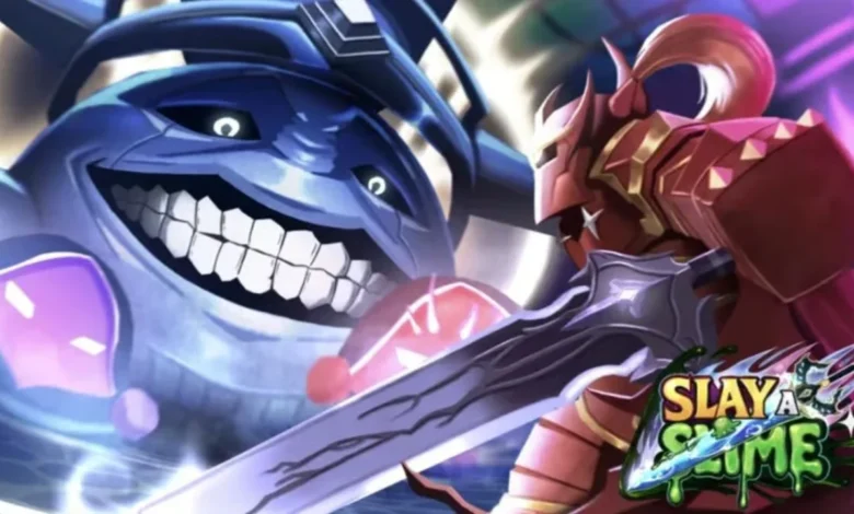 A red-armored knight brandishes a large sword against a giant, grinning blue monster in this promotional artwork for the game "Slay a Slime."