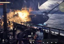 A pirate ship erupts in a massive explosion during a naval battle on a stormy sea in a video game.
