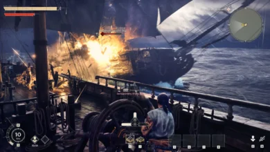 A pirate ship erupts in a massive explosion during a naval battle on a stormy sea in a video game.