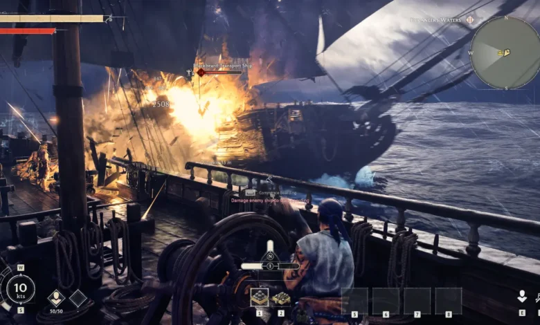 A pirate ship erupts in a massive explosion during a naval battle on a stormy sea in a video game.