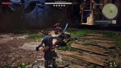 A pirate character engages in a sword fight with an enemy in a dark, coastal jungle setting in a third-person video game.