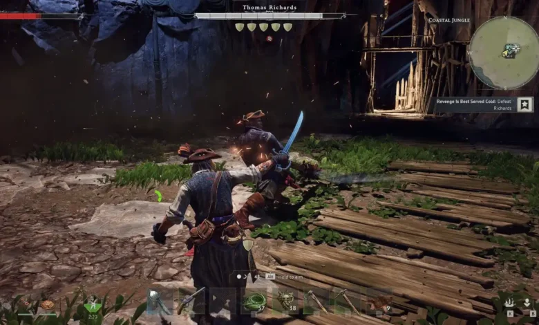 A pirate character engages in a sword fight with an enemy in a dark, coastal jungle setting in a third-person video game.