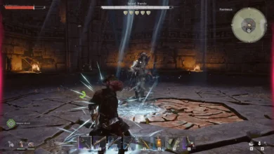 A player character faces off against the boss Israel Hands amidst swirling magical blue energy in a dark, ancient stone arena.