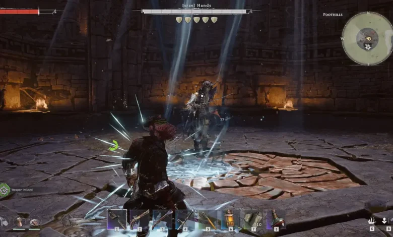 A player character faces off against the boss Israel Hands amidst swirling magical blue energy in a dark, ancient stone arena.