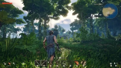 Third-person view of a tattooed character exploring a lush coastal jungle with stone ruins and a video game interface.