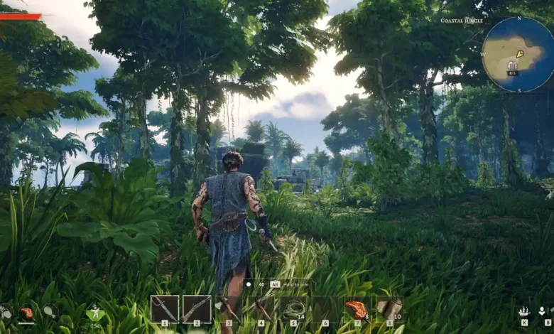 Third-person view of a tattooed character exploring a lush coastal jungle with stone ruins and a video game interface.
