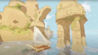 A small sailboat with a patterned sail glides through calm water between towering, vine-covered ancient stone ruins.