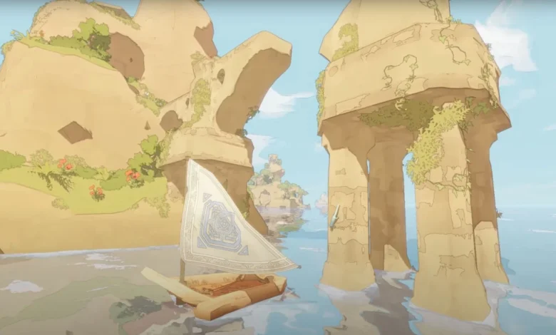 A small sailboat with a patterned sail glides through calm water between towering, vine-covered ancient stone ruins.