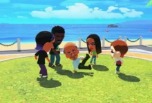 A group of Mii characters watches an older male Mii perform a breakdance move on a grassy plaza overlooking a beach.