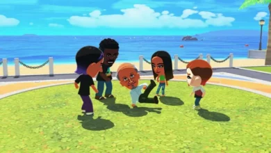 A group of Mii characters watches an older male Mii perform a breakdance move on a grassy plaza overlooking a beach.