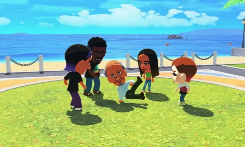 A group of Mii characters watches an older male Mii perform a breakdance move on a grassy plaza overlooking a beach.