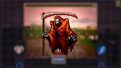 A pixel art Grim Reaper wearing a tattered orange robe and wielding a scythe, set against a blurred video game landscape.