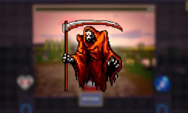 A pixel art Grim Reaper wearing a tattered orange robe and wielding a scythe, set against a blurred video game landscape.