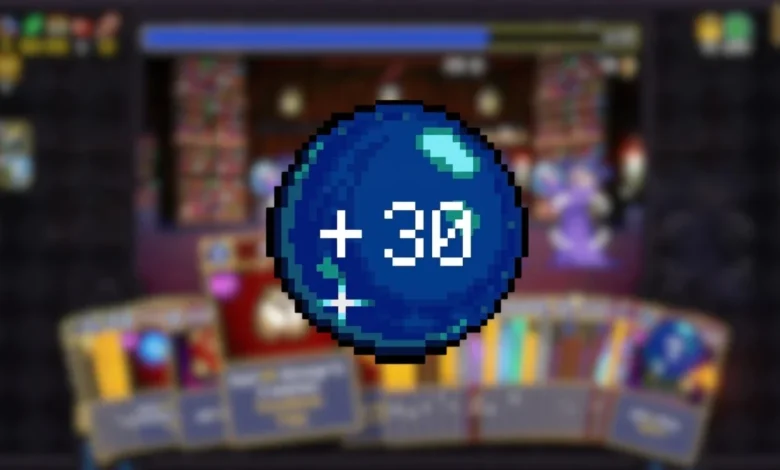 A pixelated blue orb showing a "+ 30" bonus against a blurred video game interface.