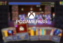 The Xbox logo and "PC Game Pass" text are centered over a blurred screenshot of a card-based video game.