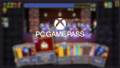 The Xbox logo and "PC Game Pass" text are centered over a blurred screenshot of a card-based video game.