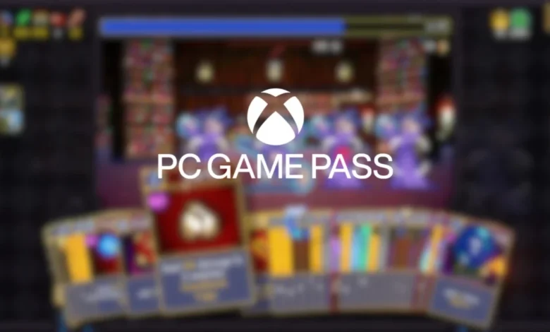 The Xbox logo and "PC Game Pass" text are centered over a blurred screenshot of a card-based video game.