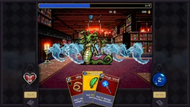 A pixel art turn-based card battle against a Medusa-like boss in a library.