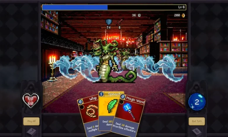 A pixel art turn-based card battle against a Medusa-like boss in a library.
