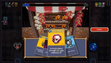 A pixel-art video game interface displays a selection of power-up cards, highlighting a "Skull O'Maniac" card in front of a food stall background.