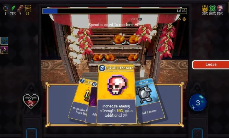 A pixel-art video game interface displays a selection of power-up cards, highlighting a "Skull O'Maniac" card in front of a food stall background.