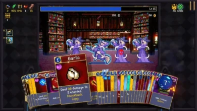 Gameplay screenshot of a pixel-art deck-building game showing a library-themed battle with a highlighted "Garlic" card in hand.