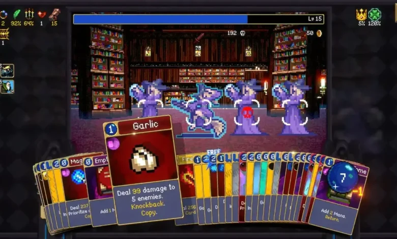 Gameplay screenshot of a pixel-art deck-building game showing a library-themed battle with a highlighted "Garlic" card in hand.