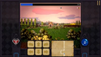 A pixel-art fantasy RPG screen displaying a first-person view of a grassy field under a sunset sky, framed by a detailed user interface with health stats and a mini-map.
