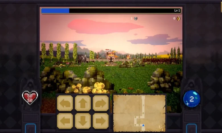 A pixel-art fantasy RPG screen displaying a first-person view of a grassy field under a sunset sky, framed by a detailed user interface with health stats and a mini-map.