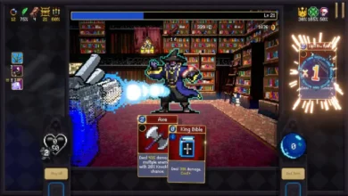 Pixel art turn-based card game battle featuring a wizard in a library being hit by a blue energy blast, with playable action cards displayed in the foreground.