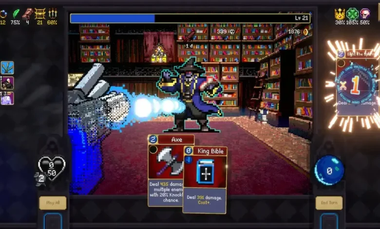 Pixel art turn-based card game battle featuring a wizard in a library being hit by a blue energy blast, with playable action cards displayed in the foreground.