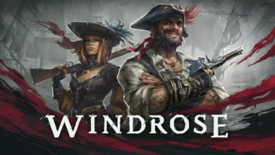 Promotional artwork for "WINDROSE" featuring a female pirate with a rifle and a male pirate with a flintlock pistol standing before a hazy nautical background.