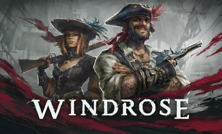 Promotional artwork for "WINDROSE" featuring a female pirate with a rifle and a male pirate with a flintlock pistol standing before a hazy nautical background.