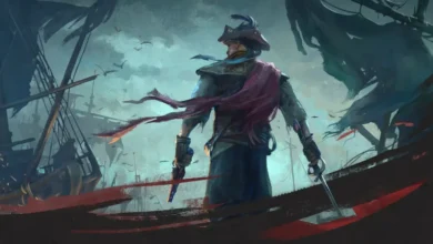 A pirate captain, seen from behind, stands armed with a sword and pistol amidst ship wreckage under a moody sky.
