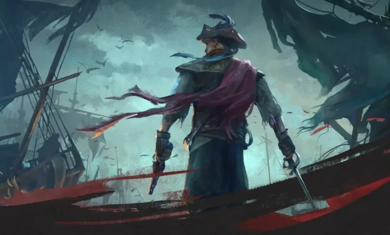 A pirate captain, seen from behind, stands armed with a sword and pistol amidst ship wreckage under a moody sky.