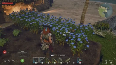 A video game character stands before a row of vibrant blue flax flowers in a tropical coastal jungle environment.