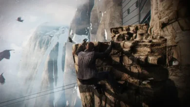 A climber scales a rugged cliff face in a snowy mountain landscape with birds circling in the misty air.