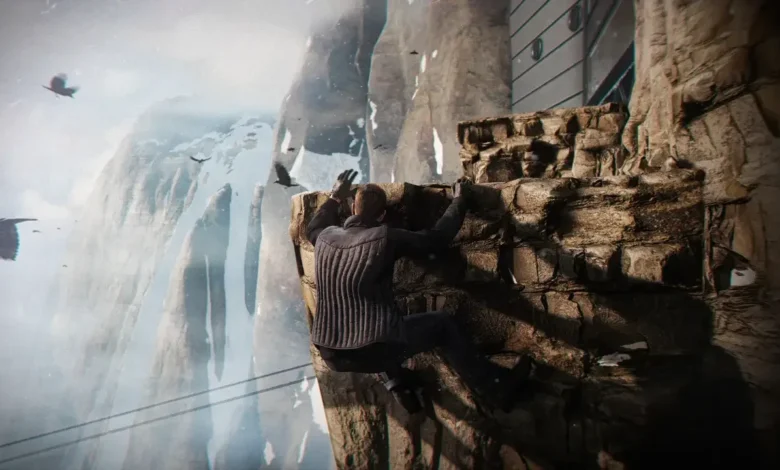 A climber scales a rugged cliff face in a snowy mountain landscape with birds circling in the misty air.