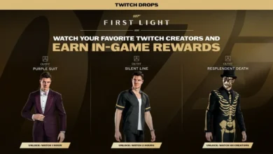 Promotional graphic for 007 First Light Twitch Drops showcasing three earnable character outfits: Purple Suit, Silent Line, and Resplendent Death.